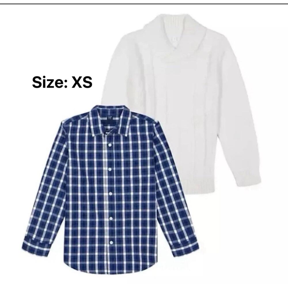 Gap Kids Boys Cable Knit White Sweater & Blue Button Up Dress Shirt, 2-pc Set XS